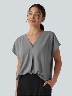 Halara Wrinkle-resistant V-neck Short Sleeve Oversized Work Blouse
 - Gray